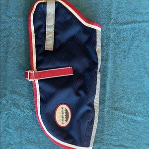 Like New WeatherBeeta Dog Coat Navy Blue Dog Coat with Red Trim 16”